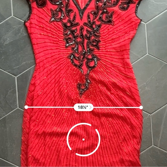VTG 80s 90s Red & Black Beaded Silk Asymmetrical V-neck Formal Party Dress - Picture 10 of 13